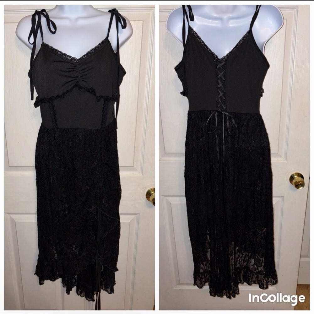 Scarlet Darkness M Black Lace Midi Dress Corset Lace Up Back Babydoll Ruched Hem